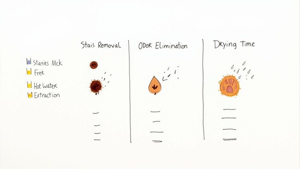 Visual guide to cleaning processes: stain removal, odor elimination, and drying time methods.