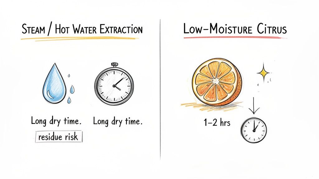 Infographic comparing steam/hot water extraction (long dry time, residue risk) with low-moisture citrus (1-2 hour dry time).