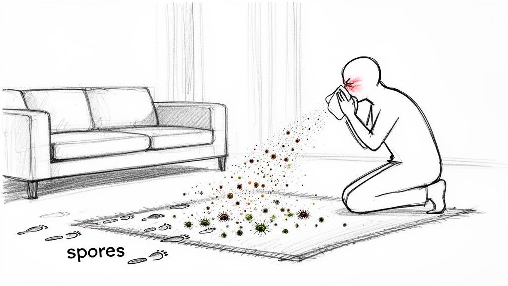 A person kneels, sneezing into a tissue, with red irritation on their nose, due to spores on a carpet.