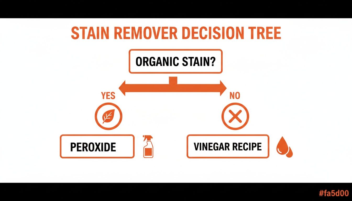 Decision tree for natural stain removal: peroxide for organic stains, vinegar recipe for non-organic stains.