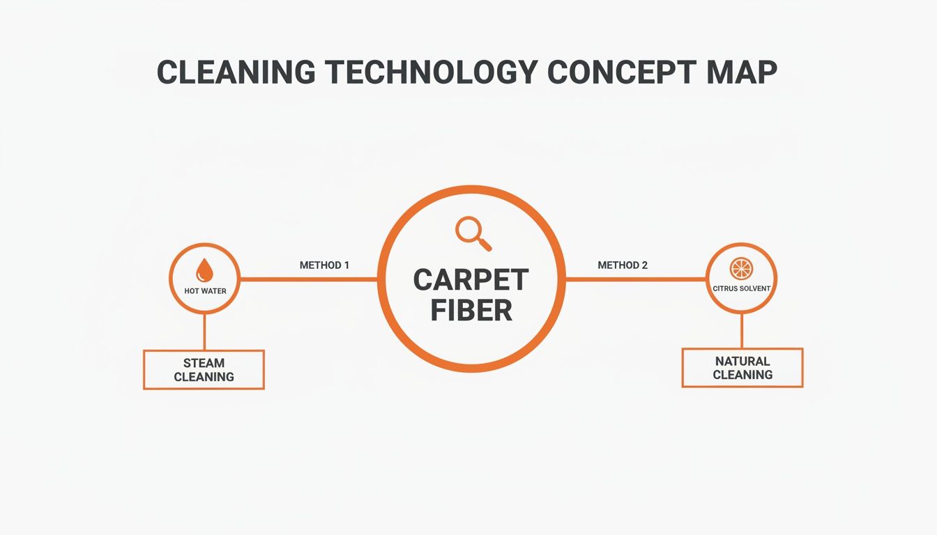 Concept map illustrating two carpet cleaning methods: steam cleaning using hot water and natural cleaning with citrus solvent.