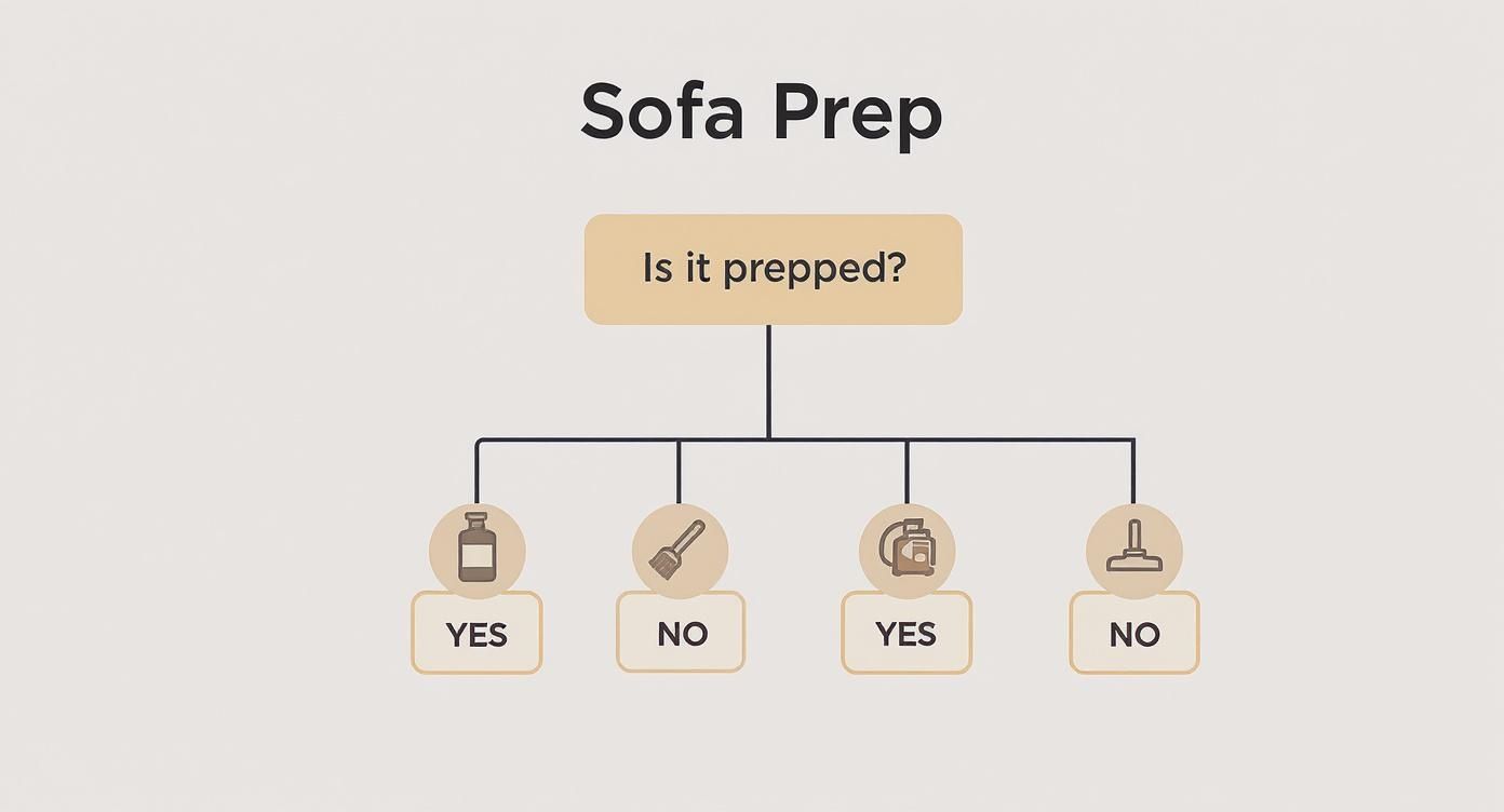 Sofa preparation decision tree flowchart showing cleaning steps with yes and no options for upholstery care