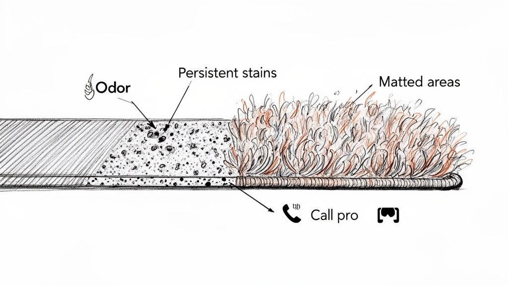 Detailed cross-section of a carpet showing odor, persistent stains, and matted areas, suggesting professional cleaning solutions.