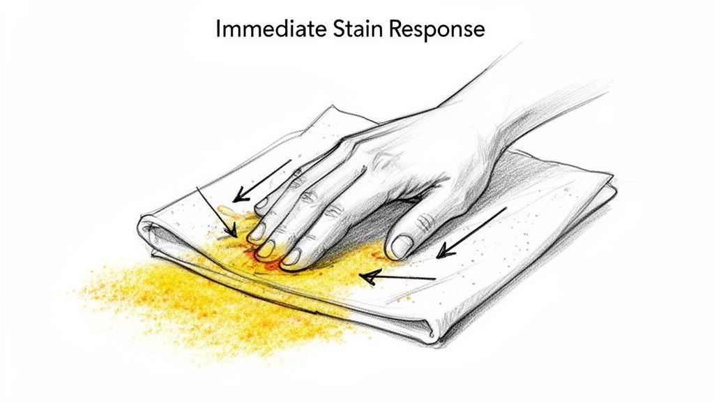 A hand dabbing a yellow liquid spill with a white cloth, illustrating immediate stain response.