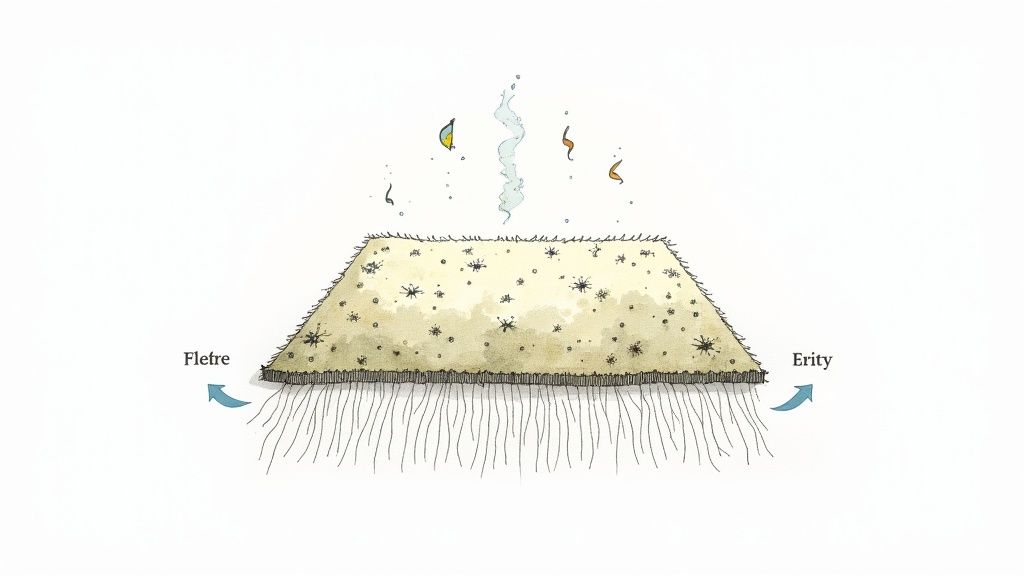 Illustration of a dirty, stained carpet with dust mites, releasing airborne particles, flanked by 'Fletre' and 'Erity' labels.