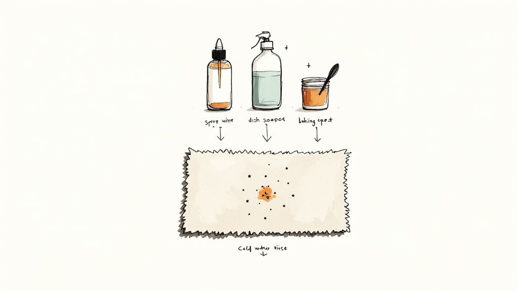 Illustration showing steps to remove a stain from carpet using spray wine, dish soap, and baking paste, followed by a cold water rinse.