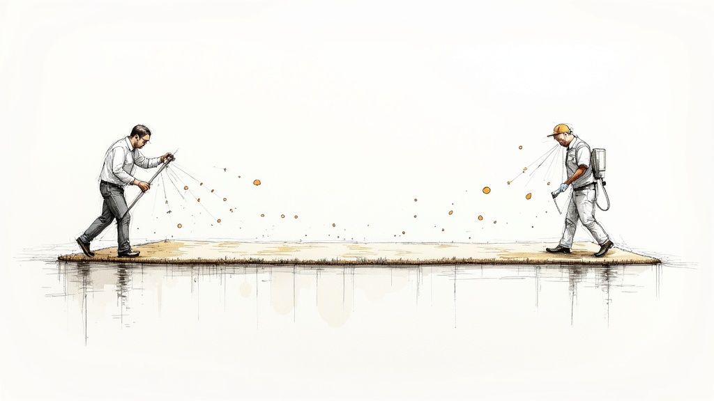 A clean, groomed carpet in a living room, with visible lines from a carpet rake, looking fresh and uniform.