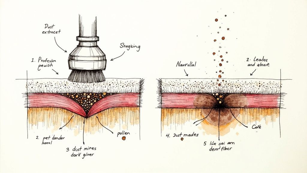 Illustration of professional carpet cleaning methods, showing dust extraction and stain treatment.