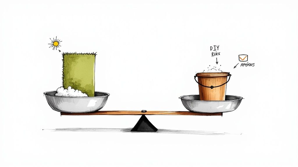 A hand-drawn balance scale comparing DIY carpet cleaning (sun, suds) with professional services (bucket, risks, results).