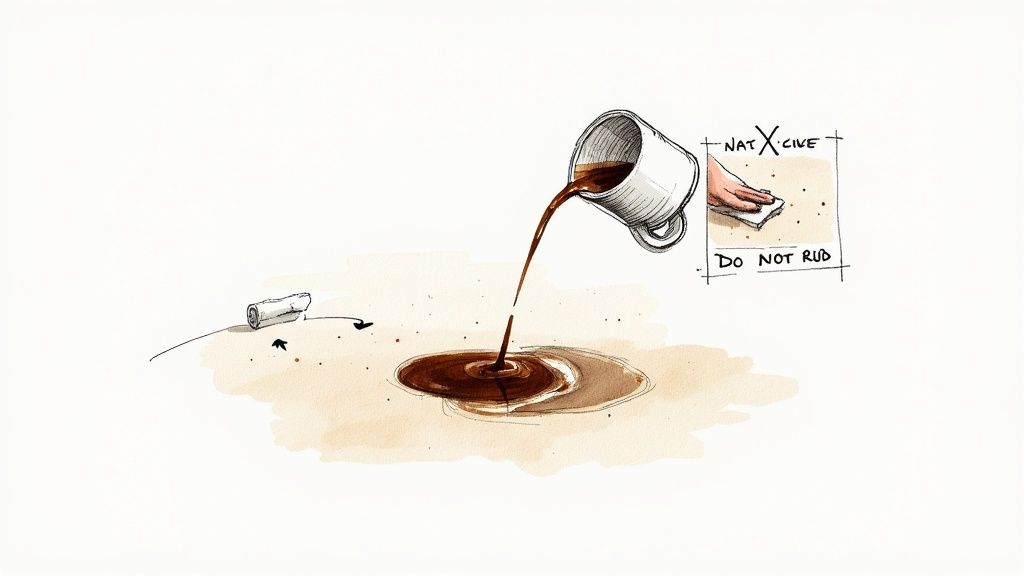 An illustration shows coffee spilling from a mug, with a guide to blot stains, not rub.