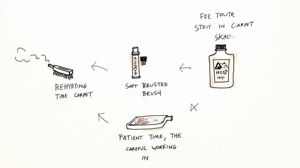 A small dog looking apologetically at a dark, set-in stain on a beige carpet.