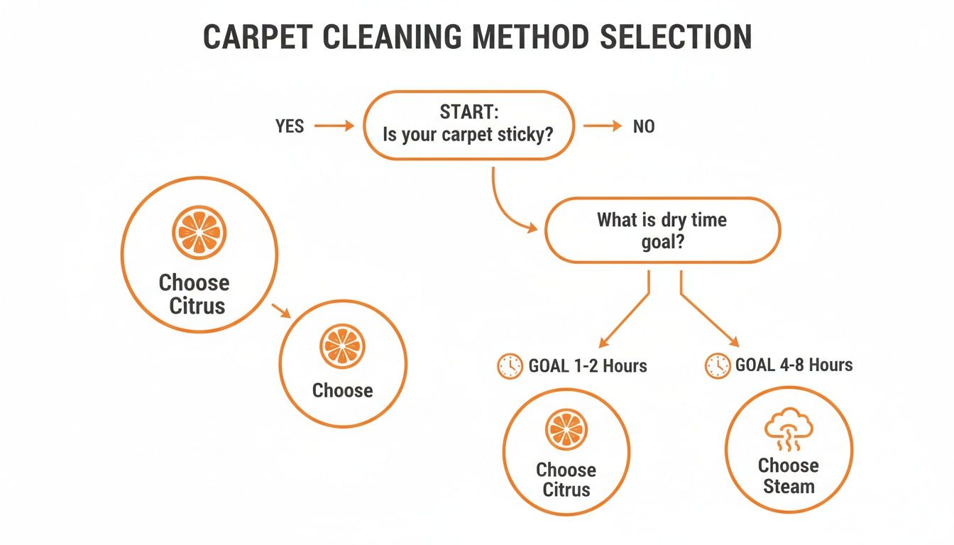 Flowchart guiding carpet cleaning method selection based on stickiness and desired dry time.