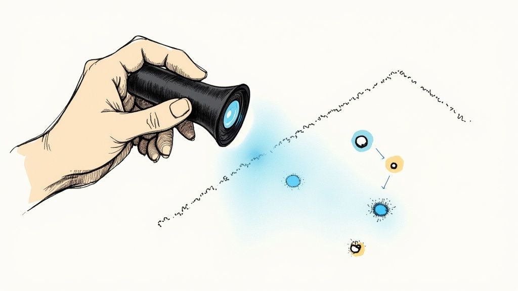 A person using a UV black light to find hidden pet stains on a carpet.