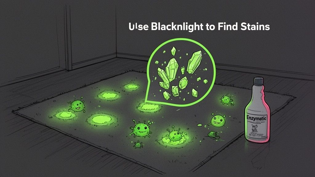 Illustration of a dark room with glowing green stains on a carpet, revealed by a blacklight.