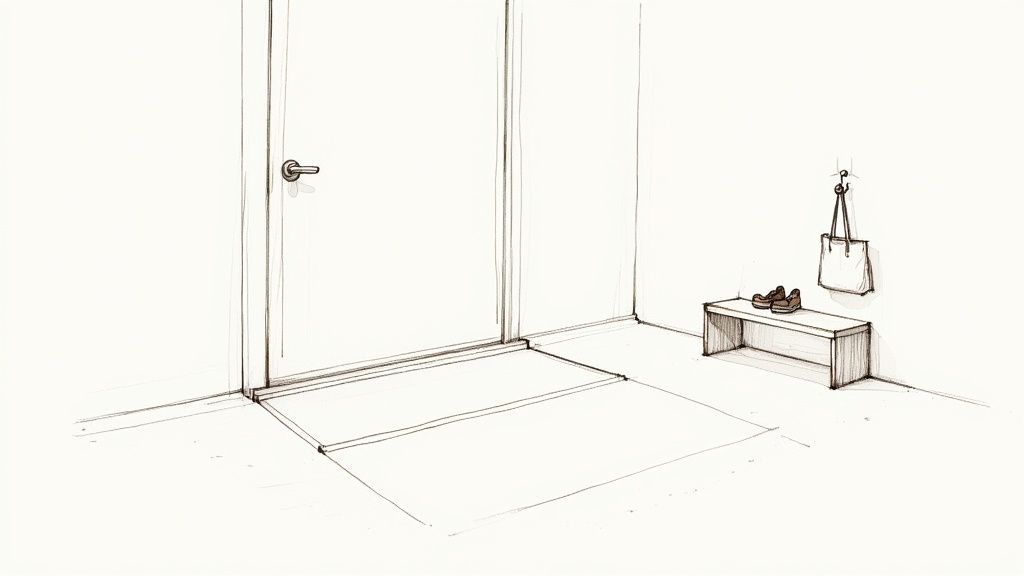 A minimalist sketch of an entryway with a door, a bench holding shoes, and a bag hanging on the wall.