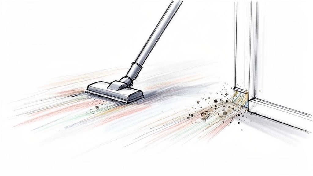 An illustration of a vacuum cleaner removing dust and colorful debris from a floor.