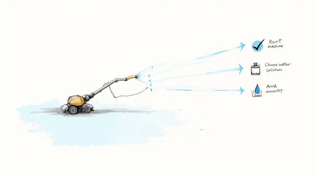 A carpet steam cleaner in action on a living room floor