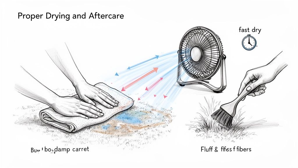 Illustration showing proper drying and aftercare for a carpet, including blotting, fanning, and fluffing.