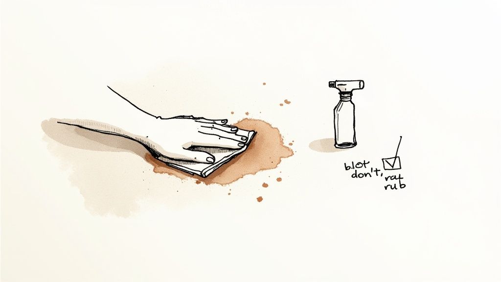 A person's hand blotting a pet stain on a light-colored carpet with a white cloth.