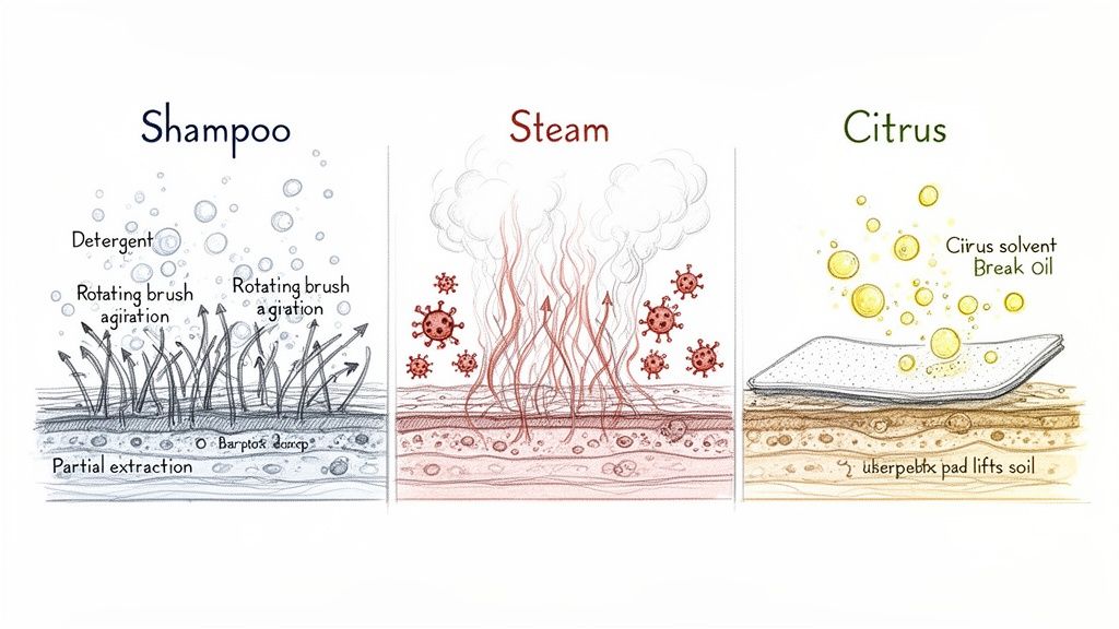 Diagram comparing shampoo, steam, and citrus cleaning methods for surfaces, illustrating their distinct mechanisms.