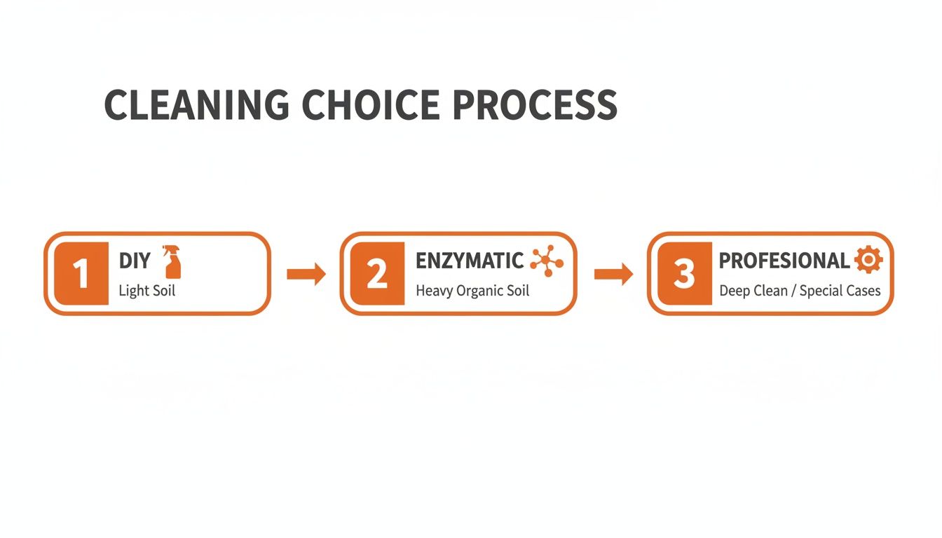 Diagram showing a 3-step cleaning choice process: DIY for light soil, enzymatic for heavy organic soil, and professional for deep clean.