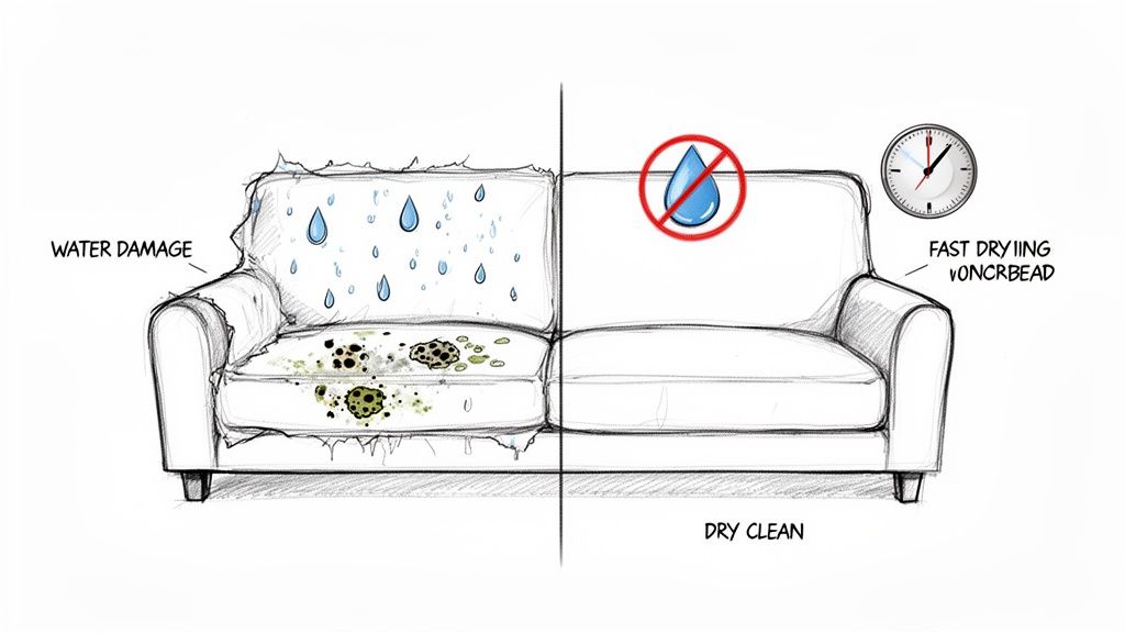 Illustration contrasting a water-damaged couch with a clean, dry-cleaned couch, highlighting fast drying and no water.