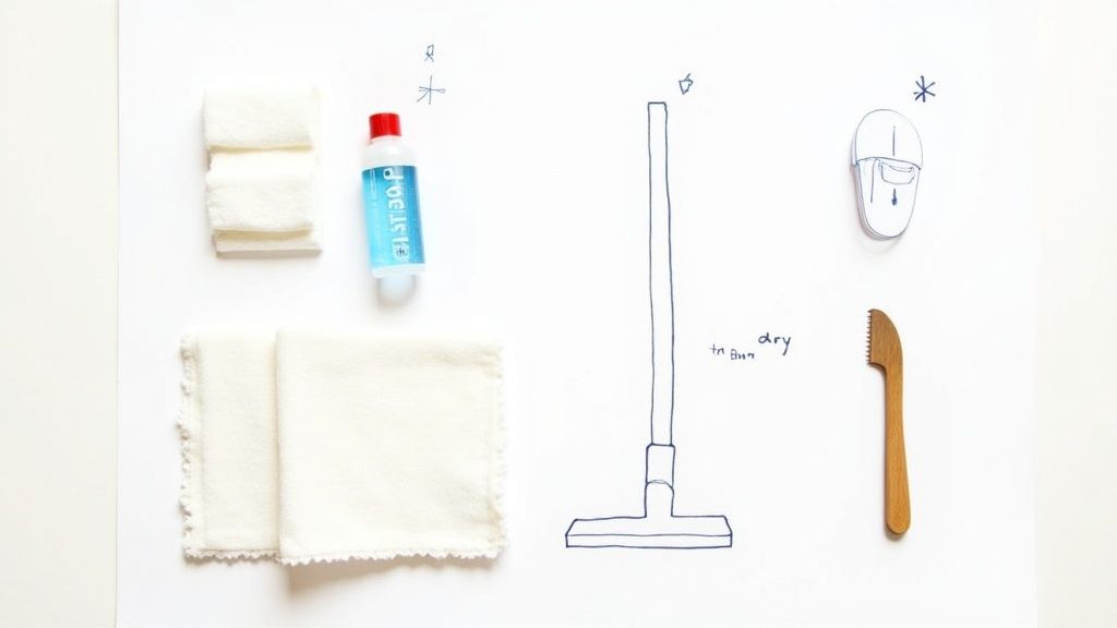 A collection of carpet cleaning tools including white cloths, a spray bottle, and a butter knife arranged neatly on a floor.