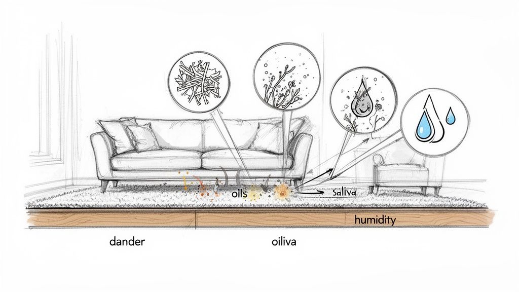 Diagram showing how pet dander, oils, saliva, and humidity contribute to household contaminants on a rug.