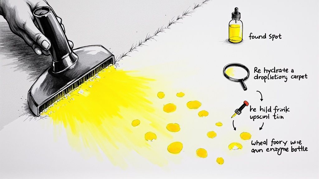 A hand holding a UV blacklight over a carpet, revealing glowing pet urine stains.