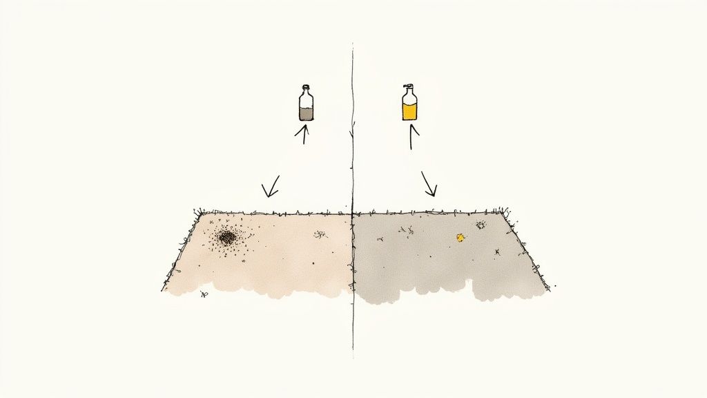 Diagram illustrating two carpet sections: one stained from brown liquid, the other cleaned by yellow liquid.