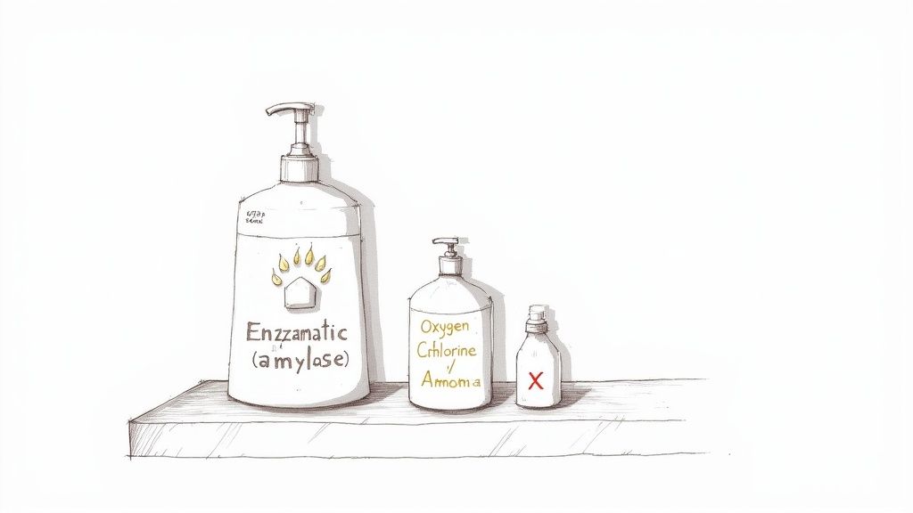 Three cleaning product bottles on a shelf, including enzymatic cleaner and other chemicals.