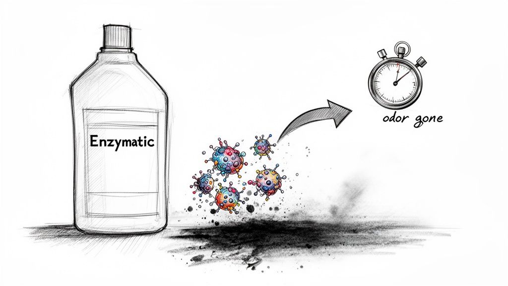 Illustration of 'Enzymatic' cleaner eliminating colorful microorganisms and odors, with a stopwatch marking 'odor gone'.