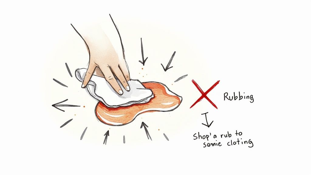 A hand dabs a red liquid spill with a white cloth, demonstrating how to blot a stain.