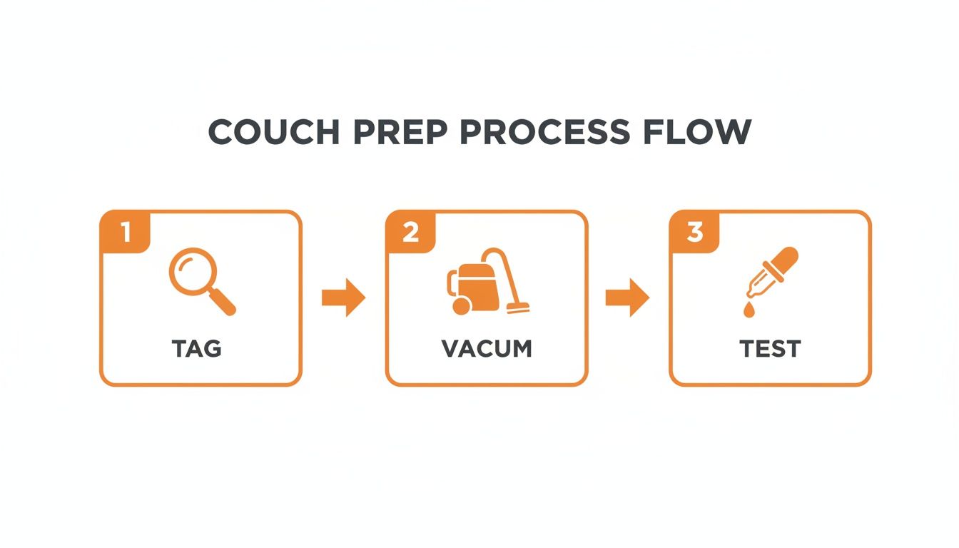 Couch preparation process flow diagram showing steps for tagging, vacuuming, and testing.