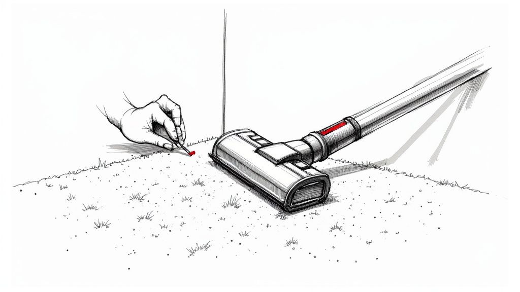 A person vacuuming a plush grey carpet with a crevice tool attachment to get along the baseboards.