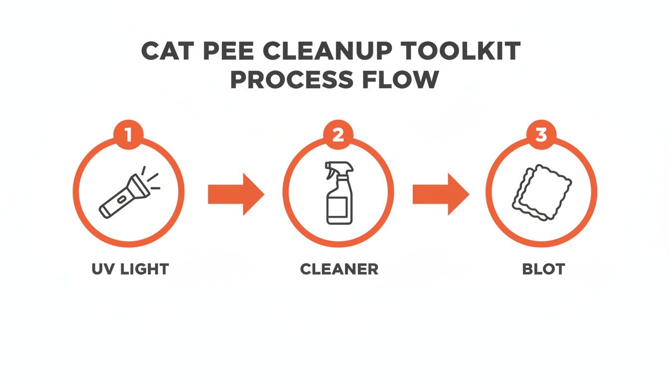 A flowchart outlining a 3-step cat pee cleanup toolkit process: UV light, cleaner, and blot.