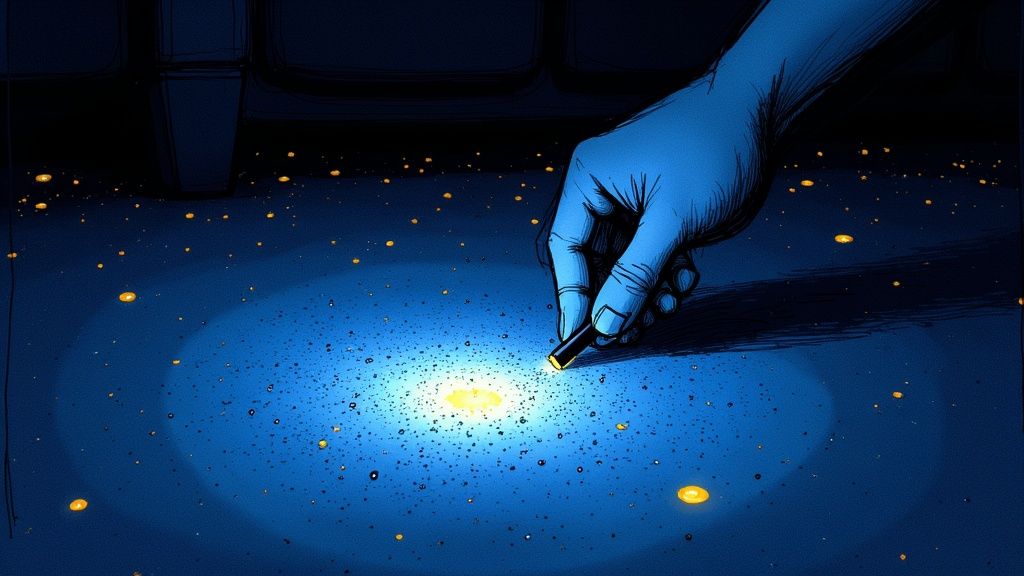 A stylized blue hand holds a glowing stick, illuminating a dark blue surface covered in yellow sparks.