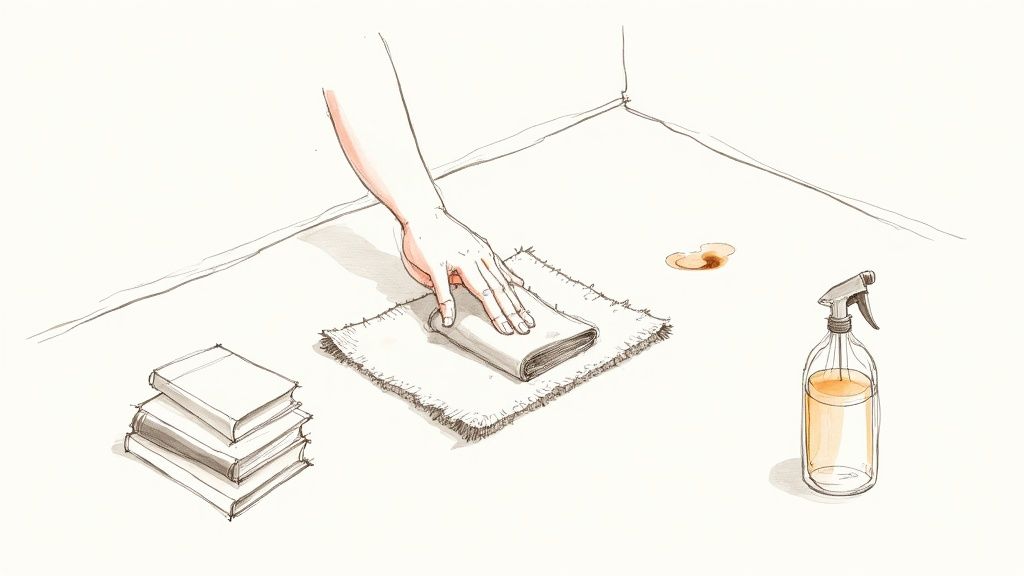 A hand cleans a brown spill on a light surface with a cloth, next to a spray bottle.