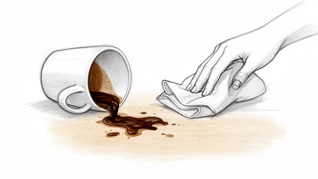 A hand uses a cloth to clean up dark coffee spilled from a white mug on a light surface.