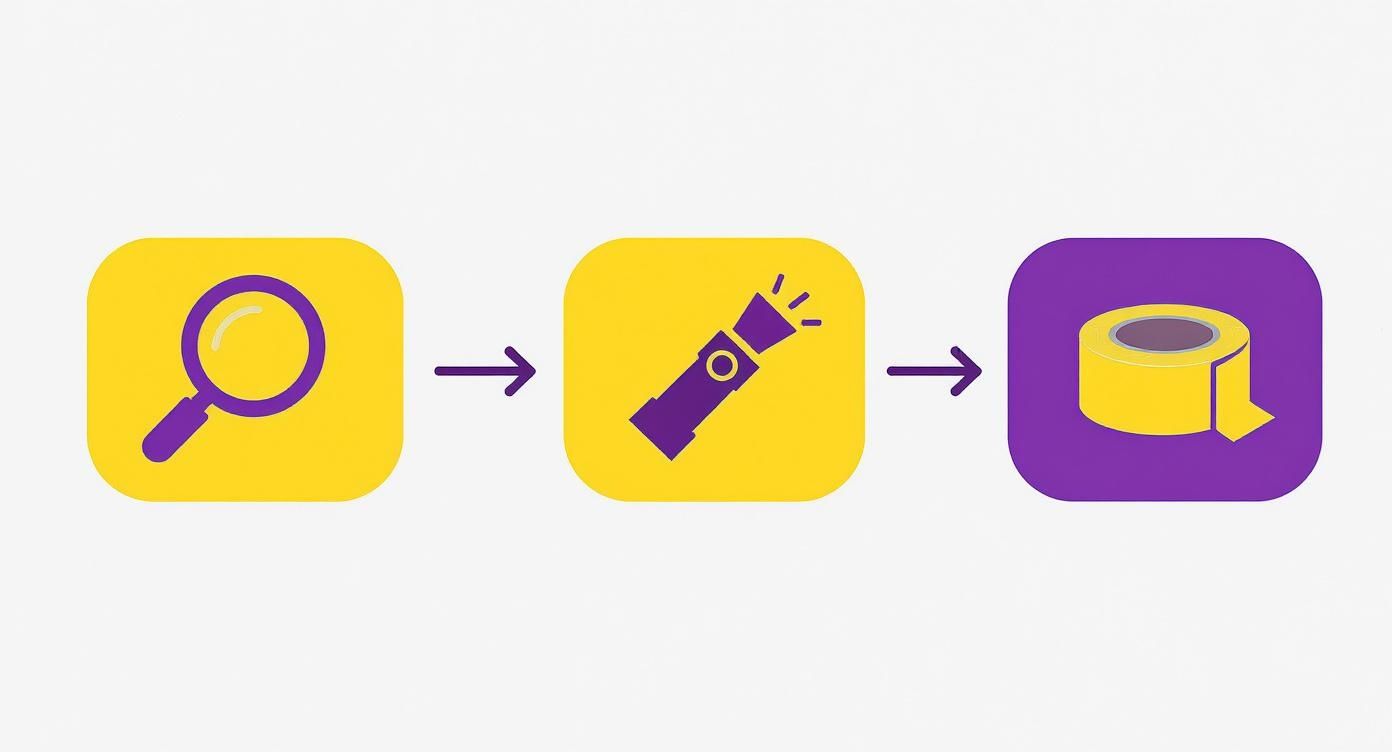 Three-step process icons showing magnifying glass, flashlight, and cleaning tape roll for odor removal
