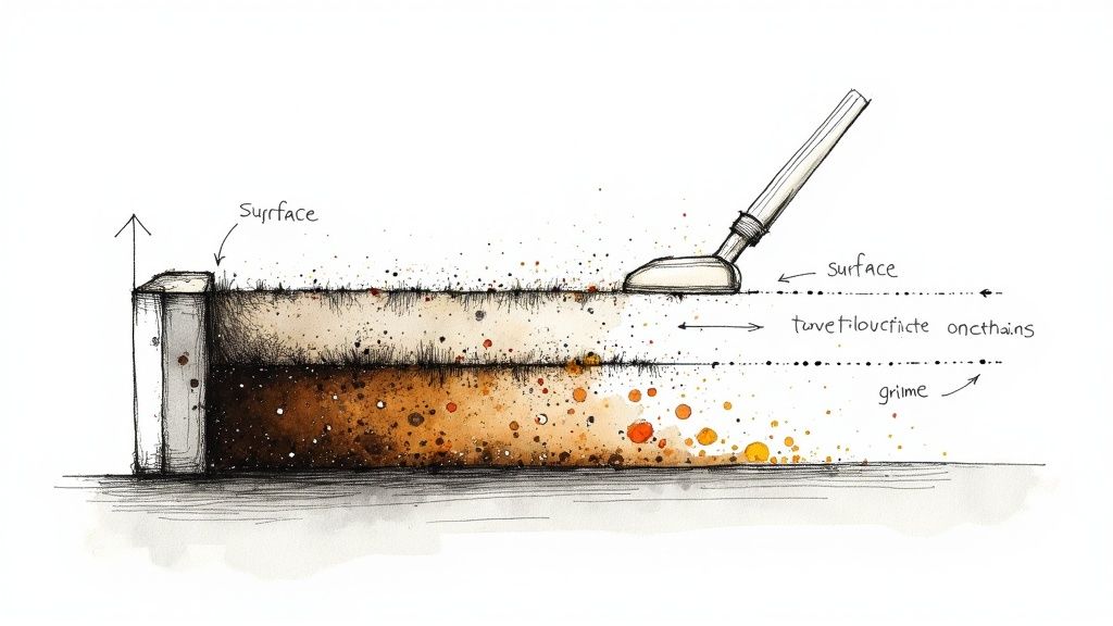 A heavily soiled carpet in a high-traffic hallway, showing embedded dirt and wear patterns.