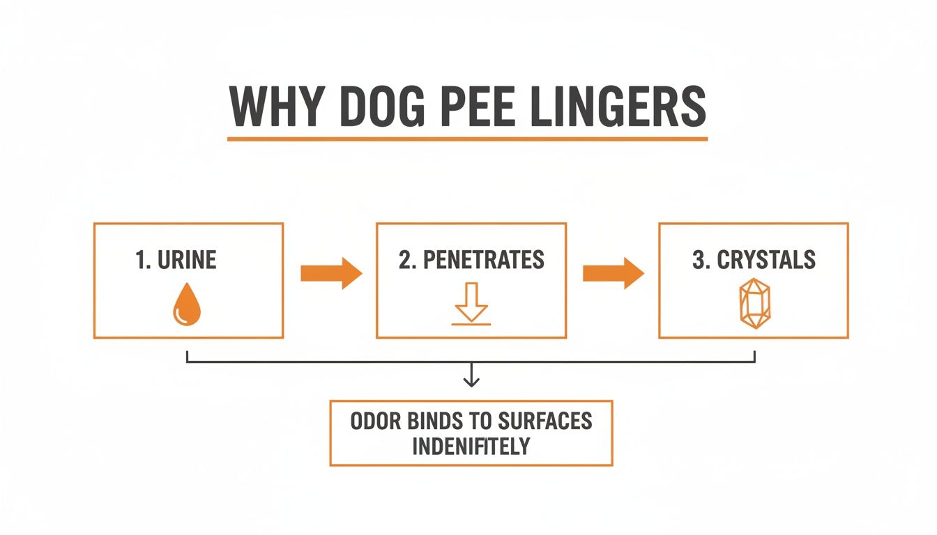 Flowchart explaining why dog pee odor lingers: urine penetrates surfaces, forming crystals.