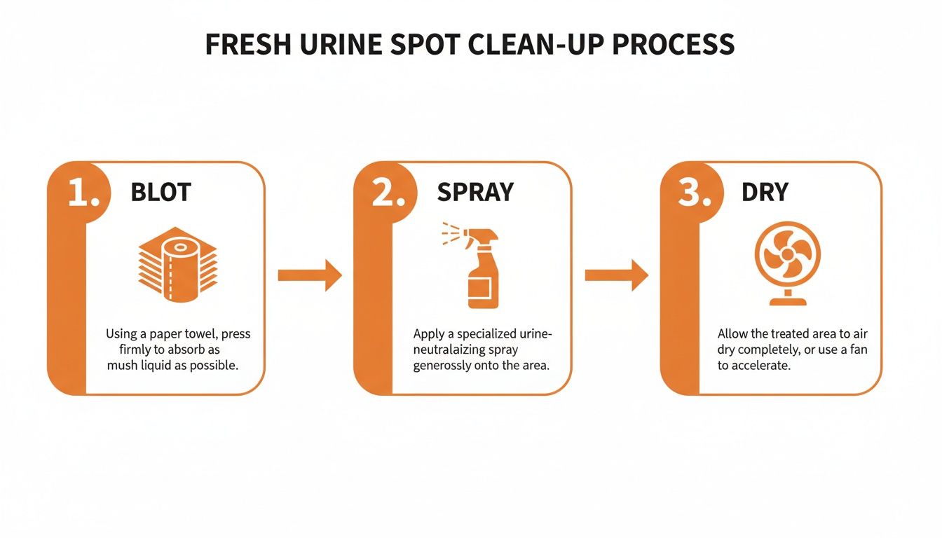 A 3-step guide for fresh urine spot clean-up: blot with paper towel, spray neutralizer, and dry.