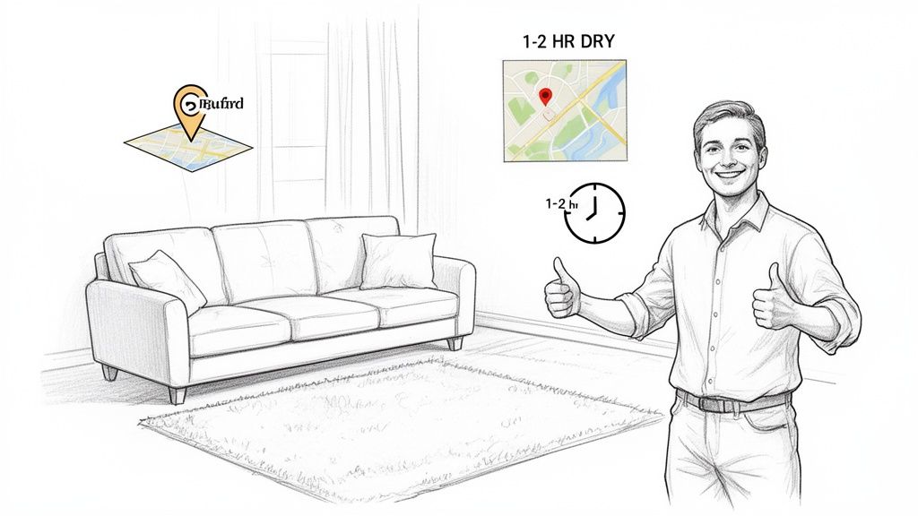Smiling man with thumbs up, next to couch and rug, showing quick dry carpet cleaning service.