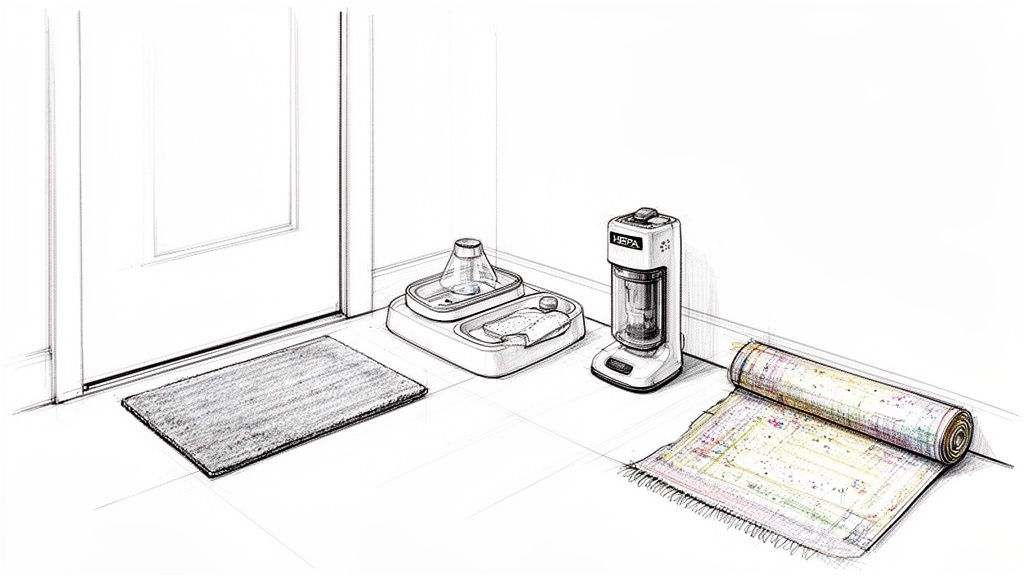 A detailed sketch of a home entrance with pet bowls, a HEPA purifier, a doormat, and a rolled rug.