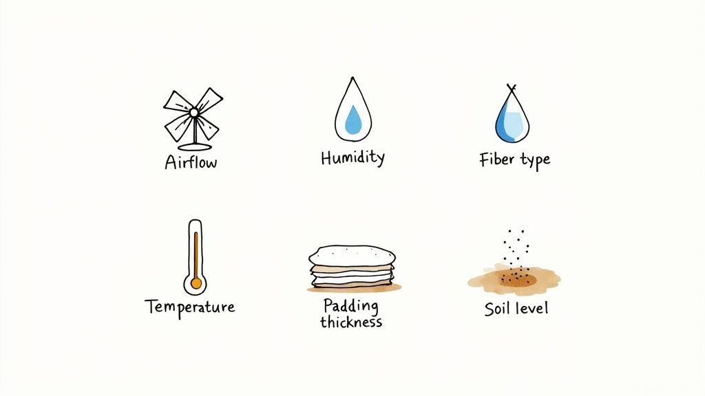Hand-drawn icons illustrating factors affecting carpet drying time: airflow, humidity, fiber type, temperature, padding, and soil level.