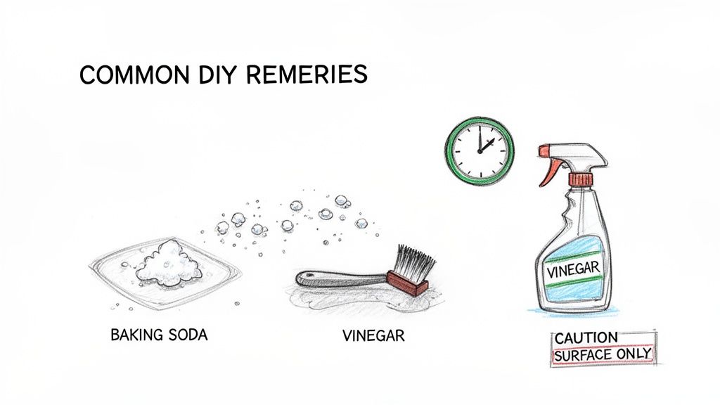 Illustrations of common DIY remedies: baking soda, a brush, a clock, and a vinegar spray bottle.