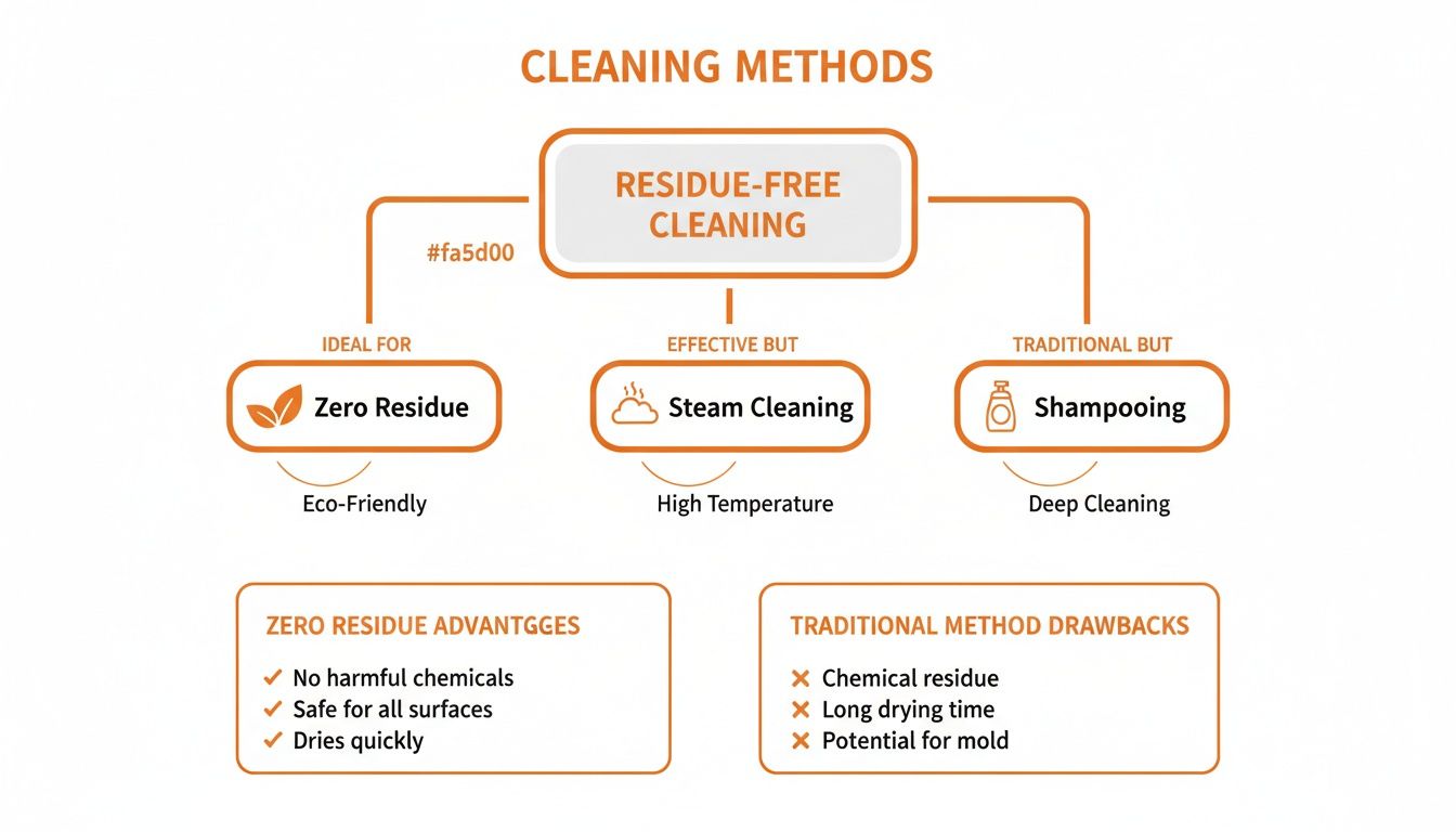 Infographic comparing zero-residue, steam, and shampooing cleaning methods, detailing their advantages and traditional drawbacks.
