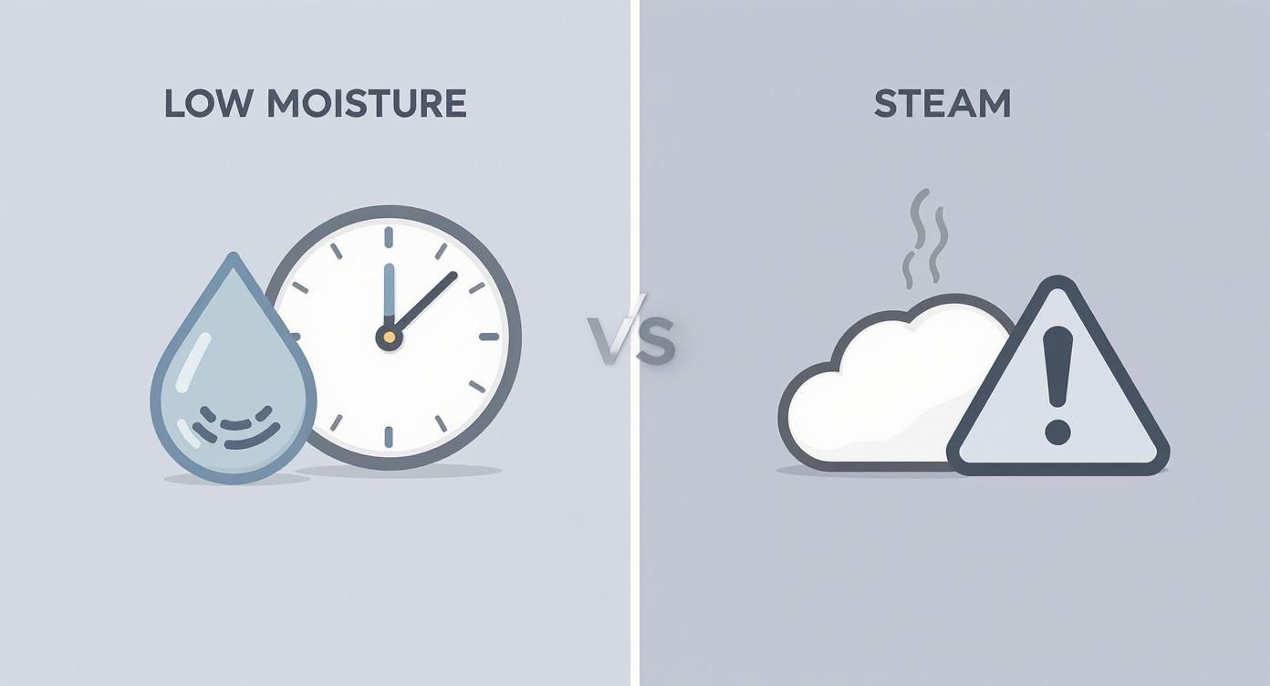 An illustration comparing low moisture (water drop and clock) versus steam (cloud with steam and warning sign).