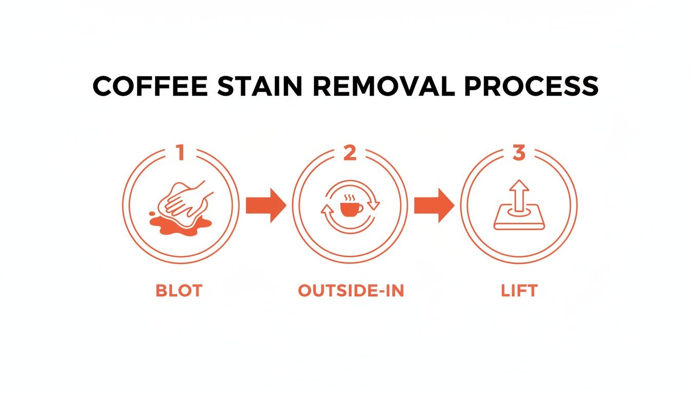 A three-step infographic outlining the coffee stain removal process: blot, clean outside-in, and lift.